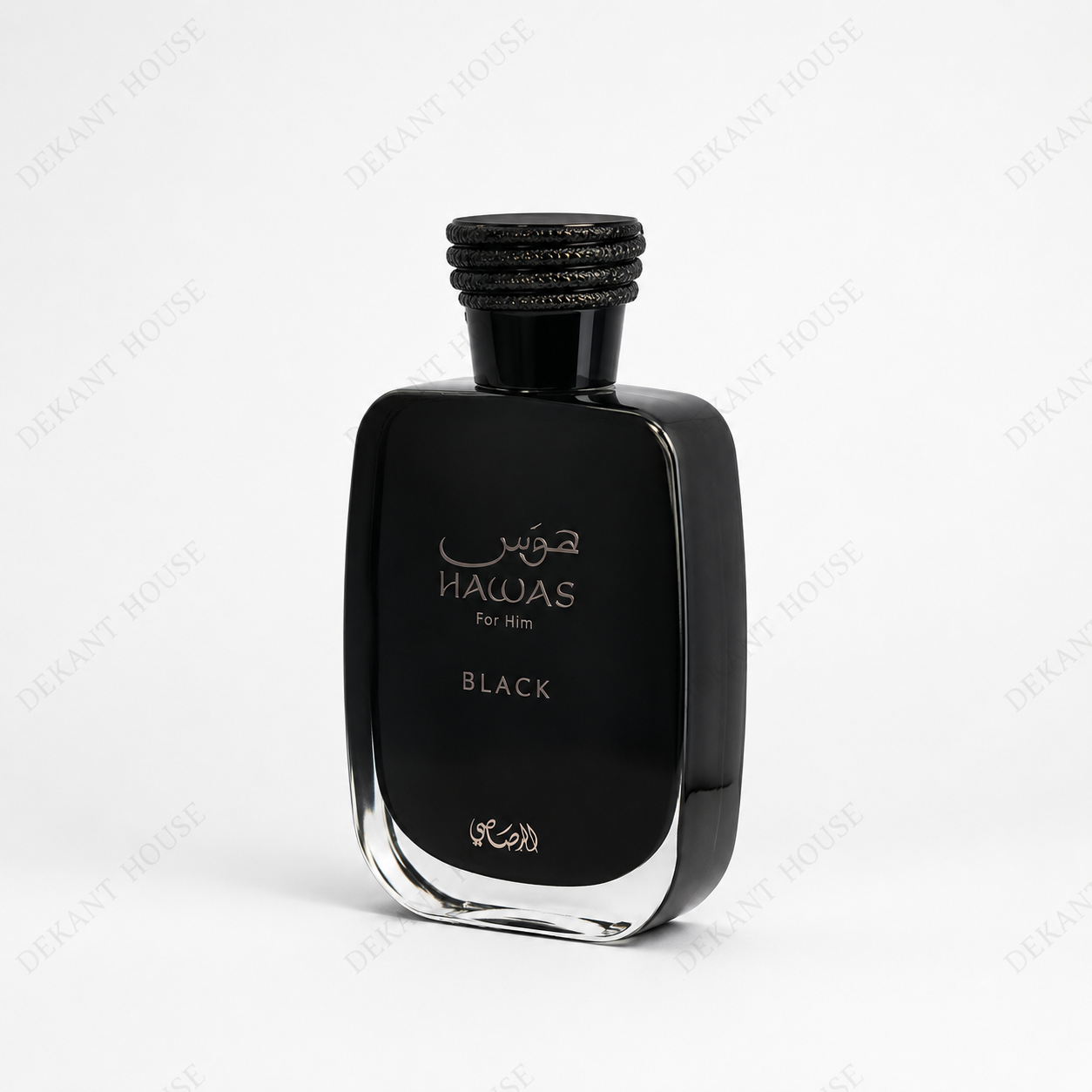 Rasasi Hawas Black EDP parfüm şişesi 45 derece açılı görünüm